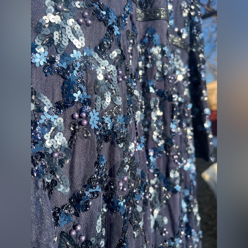 MAC DUGGAL Embellished Illusion High Neck Long Sleeve A Line Gown Navy blue - Picture 8 of 16